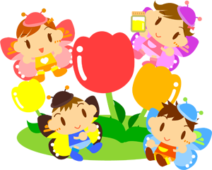 チューリップとチョウチョ姿の子供たちイラスト